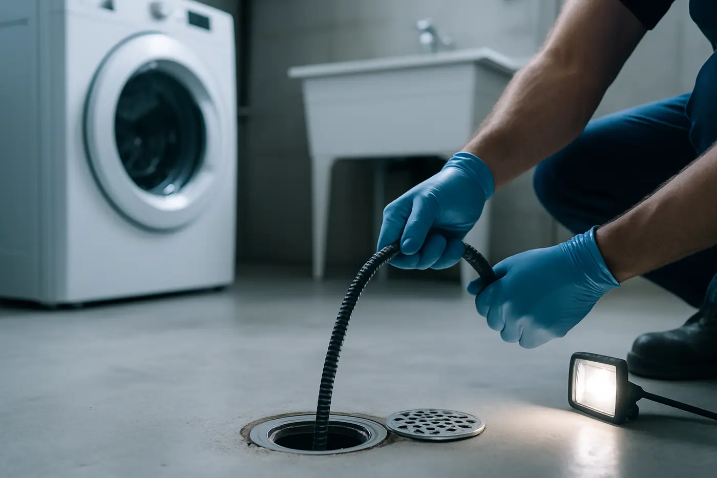 Plumber clearing a basement floor drain in a Calgary home