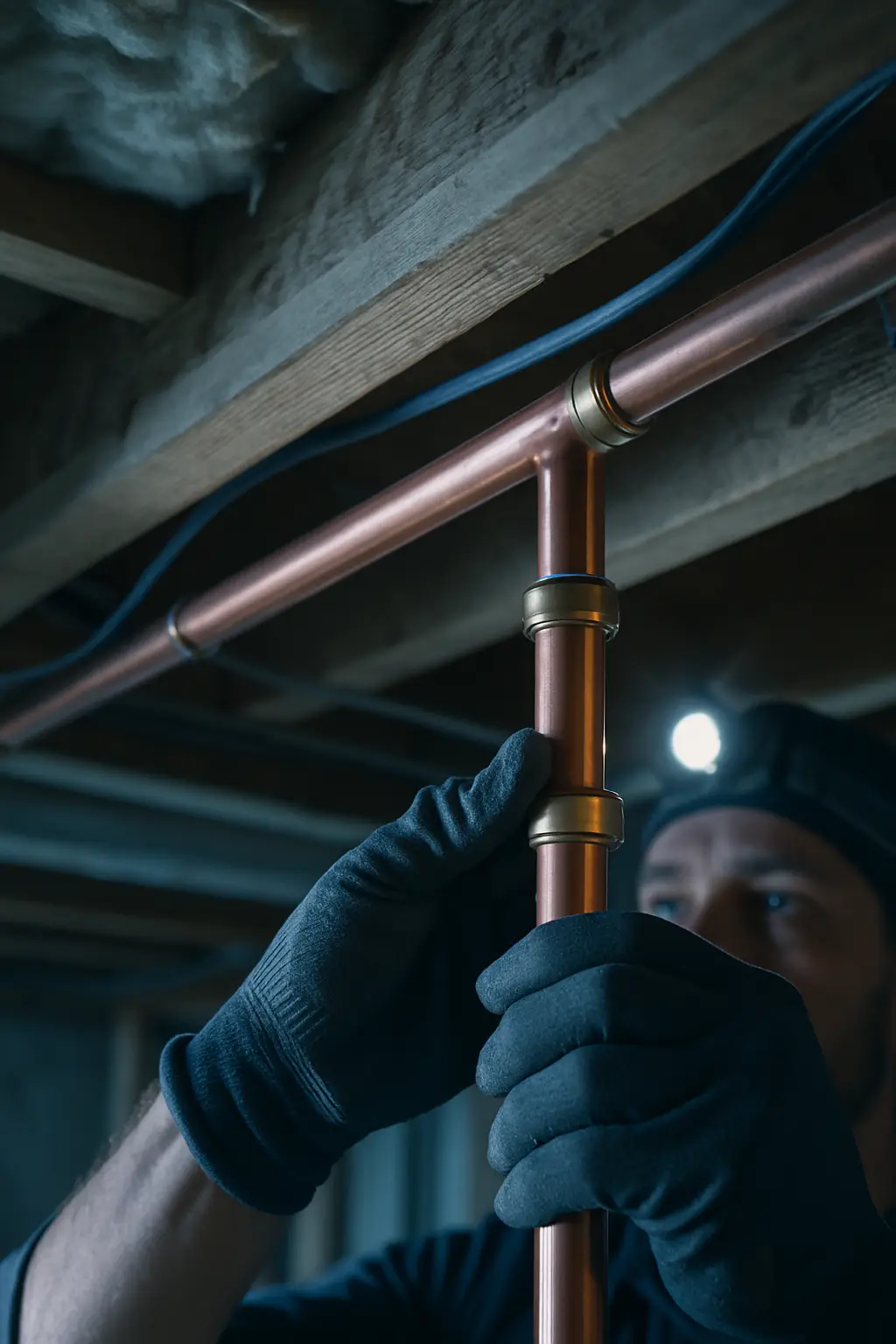 Plumber soldering a new copper section on a basement water line Plumber soldering a new copper section on a basement water line