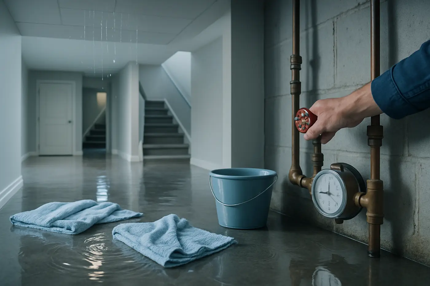 Water pooling on a basement floor under a burst pipe