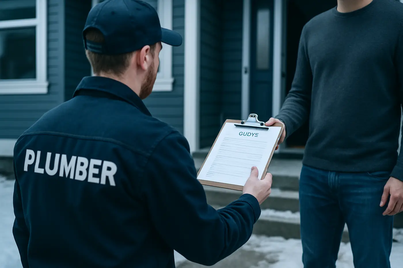 Homeowner reviewing a written quote with a plumber at the front door