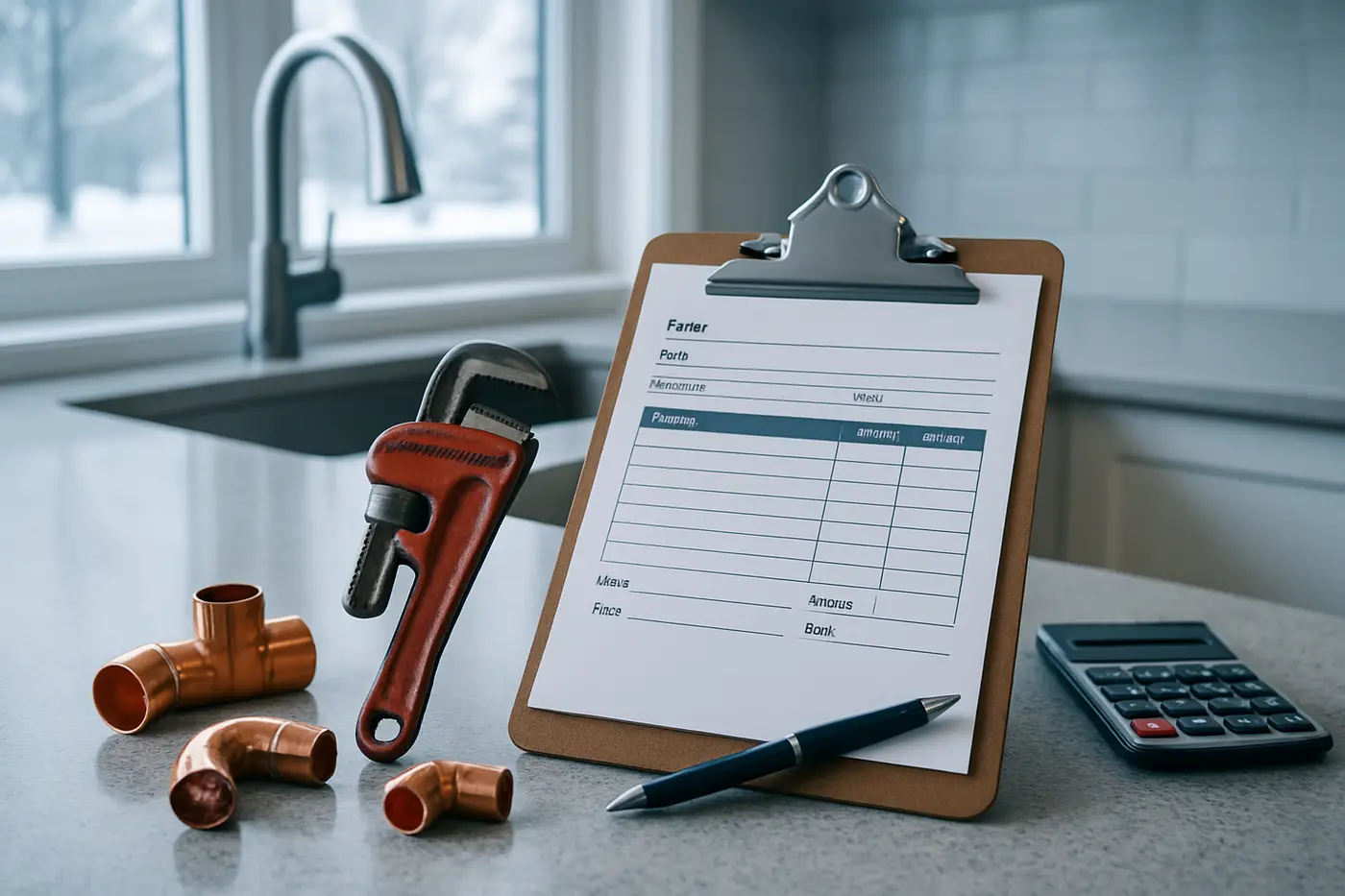 Written plumbing quote on a clipboard beside a pipe wrench and fittings