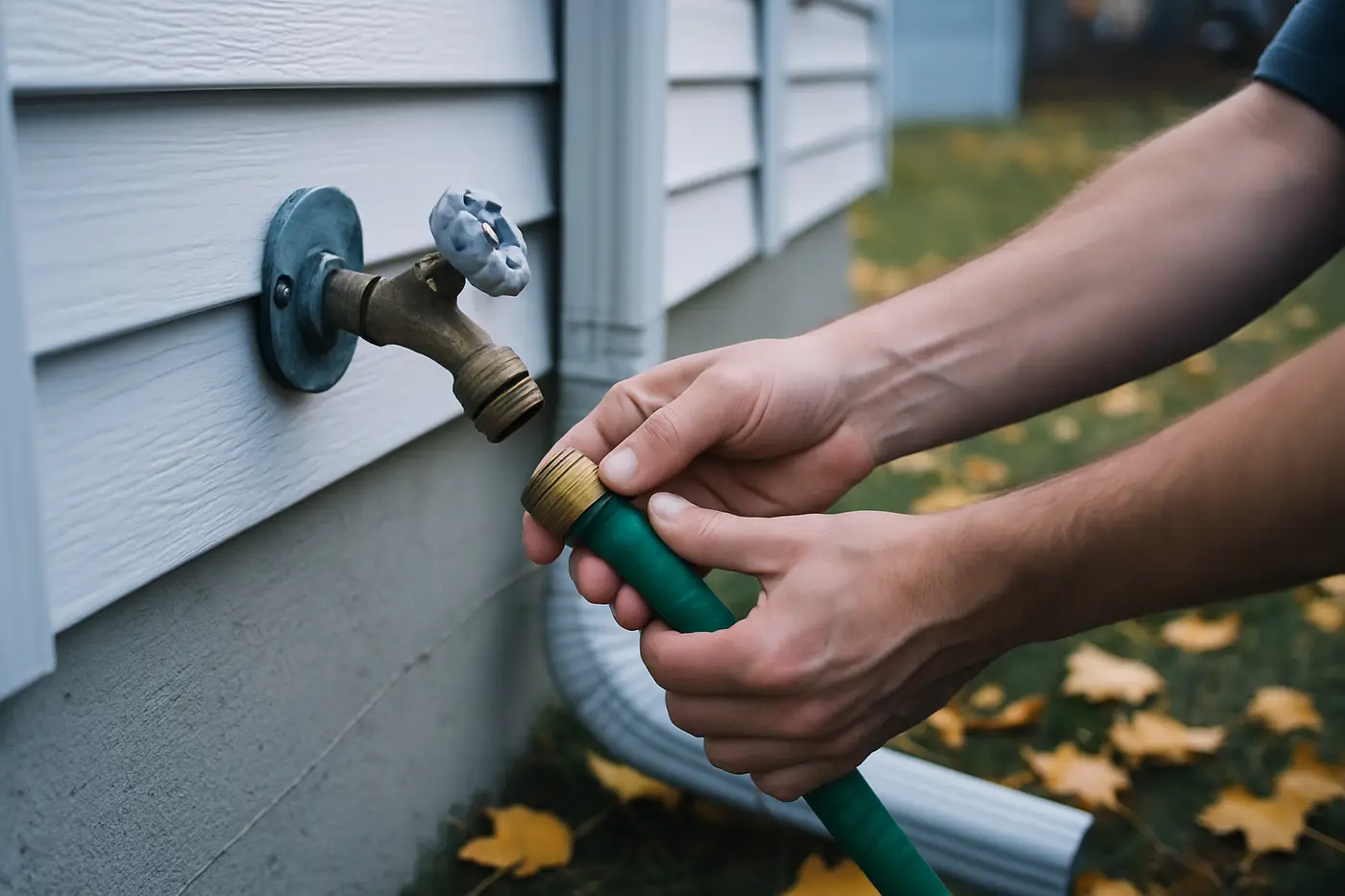 Garden hose disconnected from an outside tap in autumn