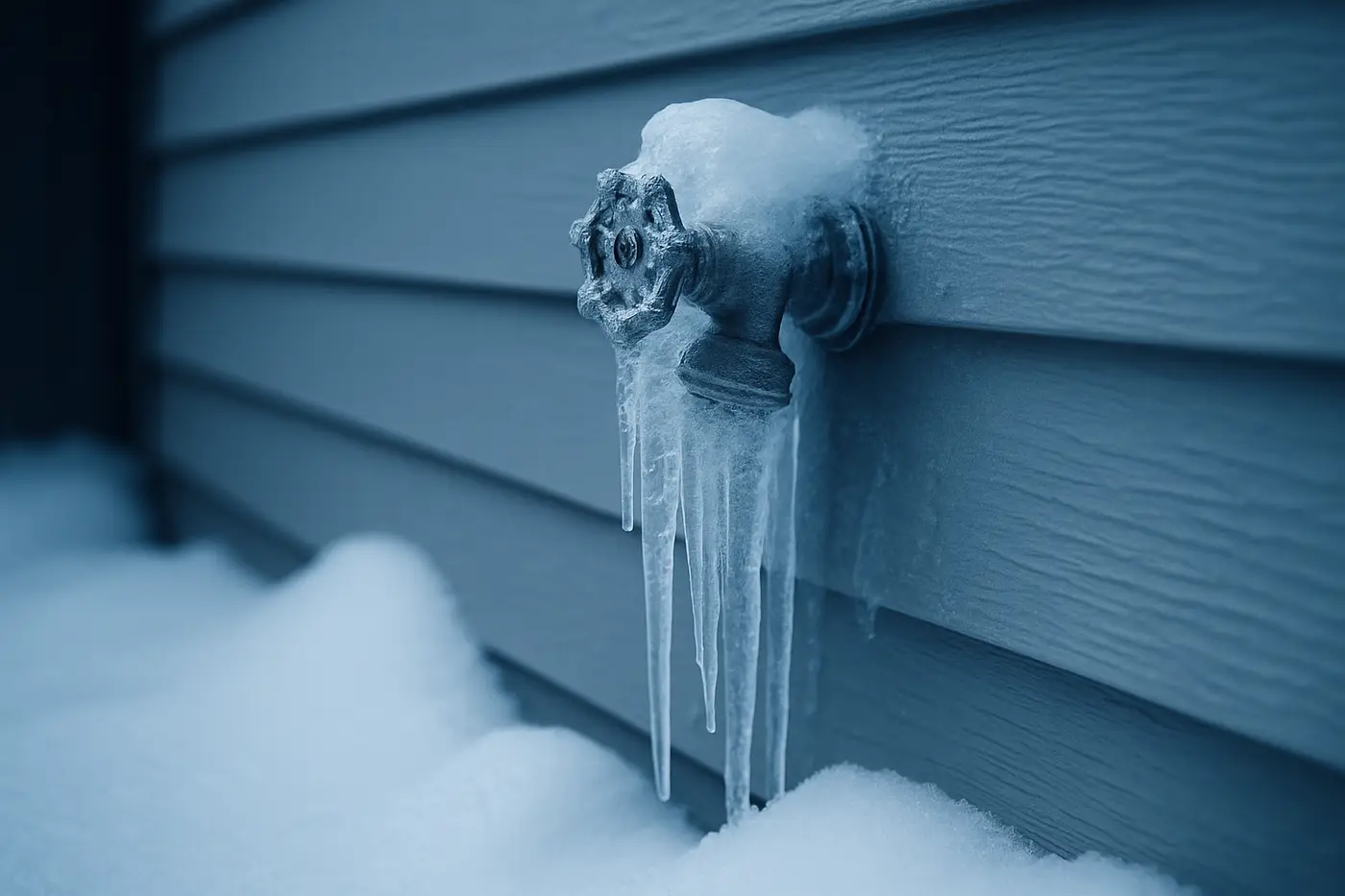 Frozen outdoor hose bib covered in ice on a Calgary house