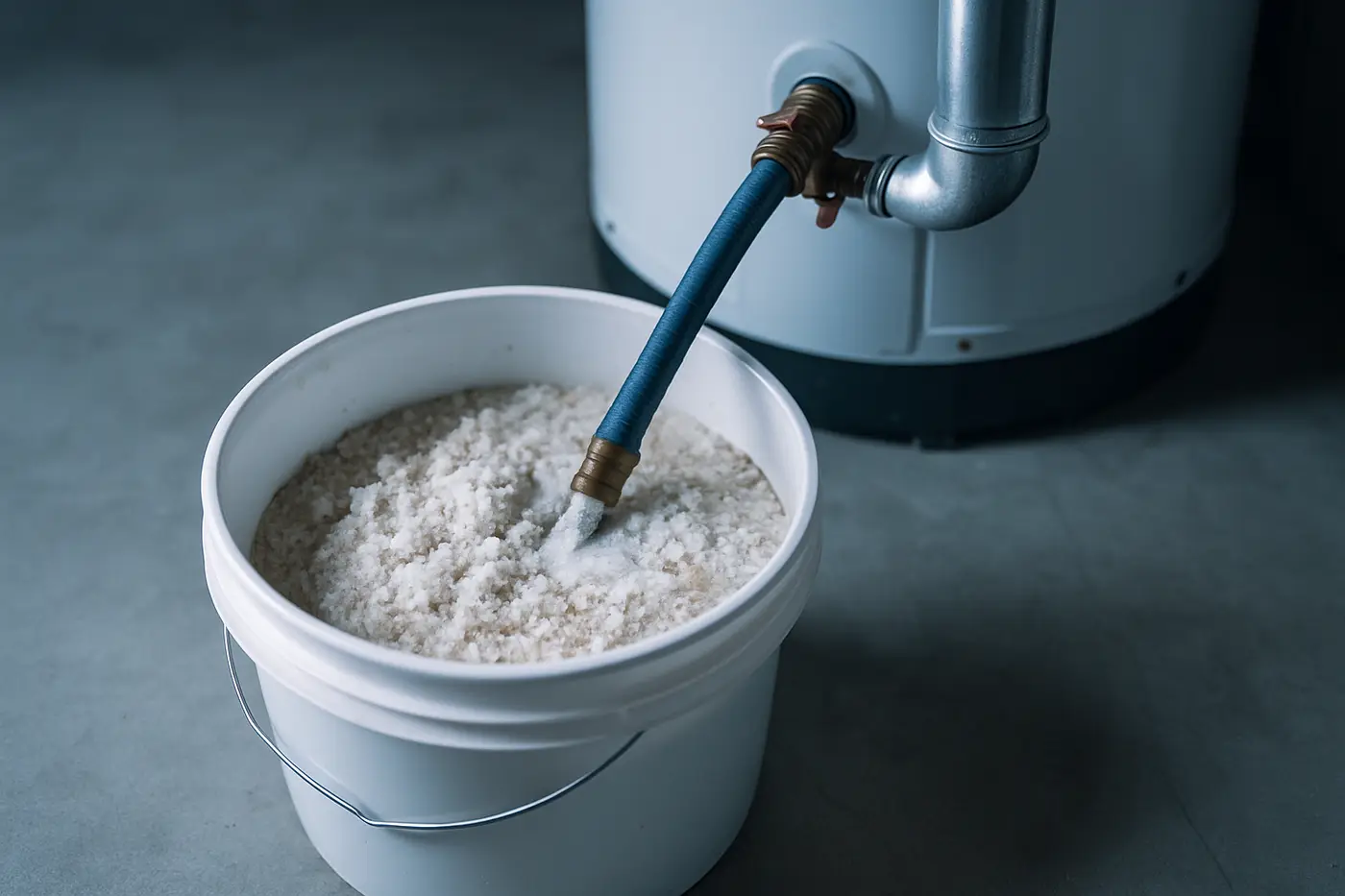 Scale and sediment flushed from a hot water tank into a bucket