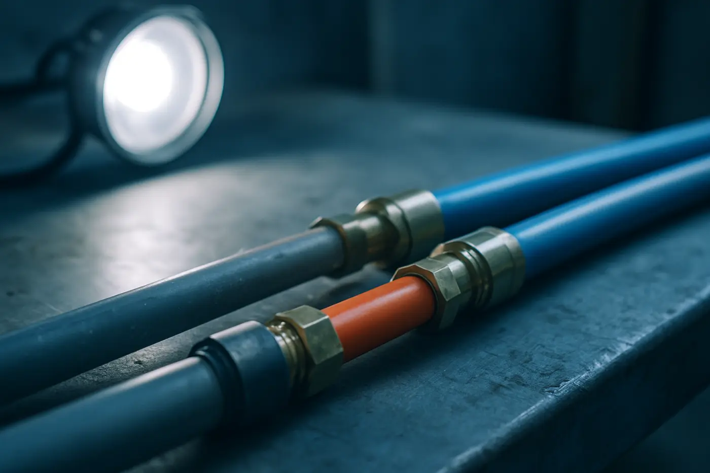 Grey Poly-B pipe and orange Kitec pipe with brass fittings side by side