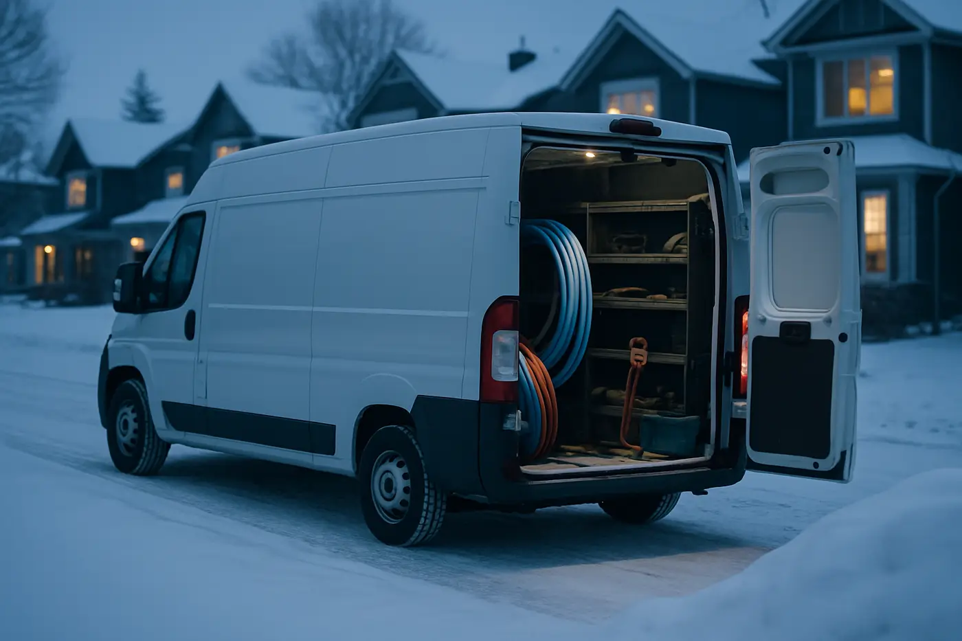Plumbing service van parked on a snowy Calgary street at dusk