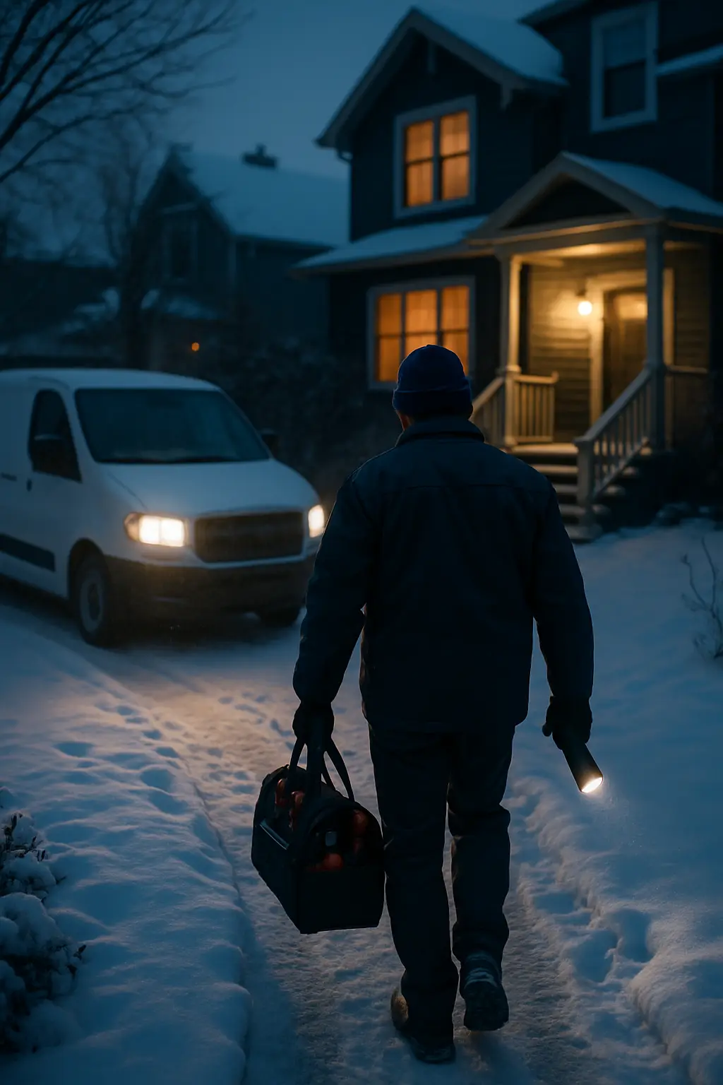 Plumber carrying a tool bag to the front door of a Calgary house on a snowy winter night