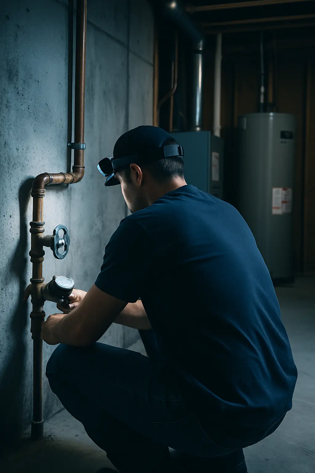 Plumber checking the water meter and main shut-off valve in a Calgary basement
