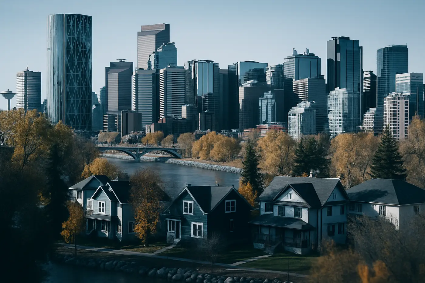Calgary downtown towers and inner-city homes along the Bow River