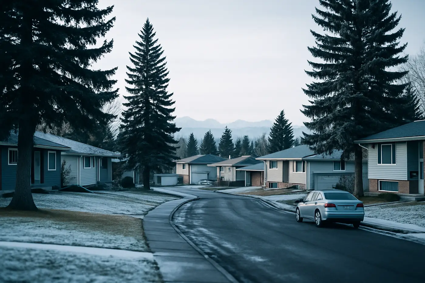 Northwest Calgary residential street with 1960s bungalows and mature trees