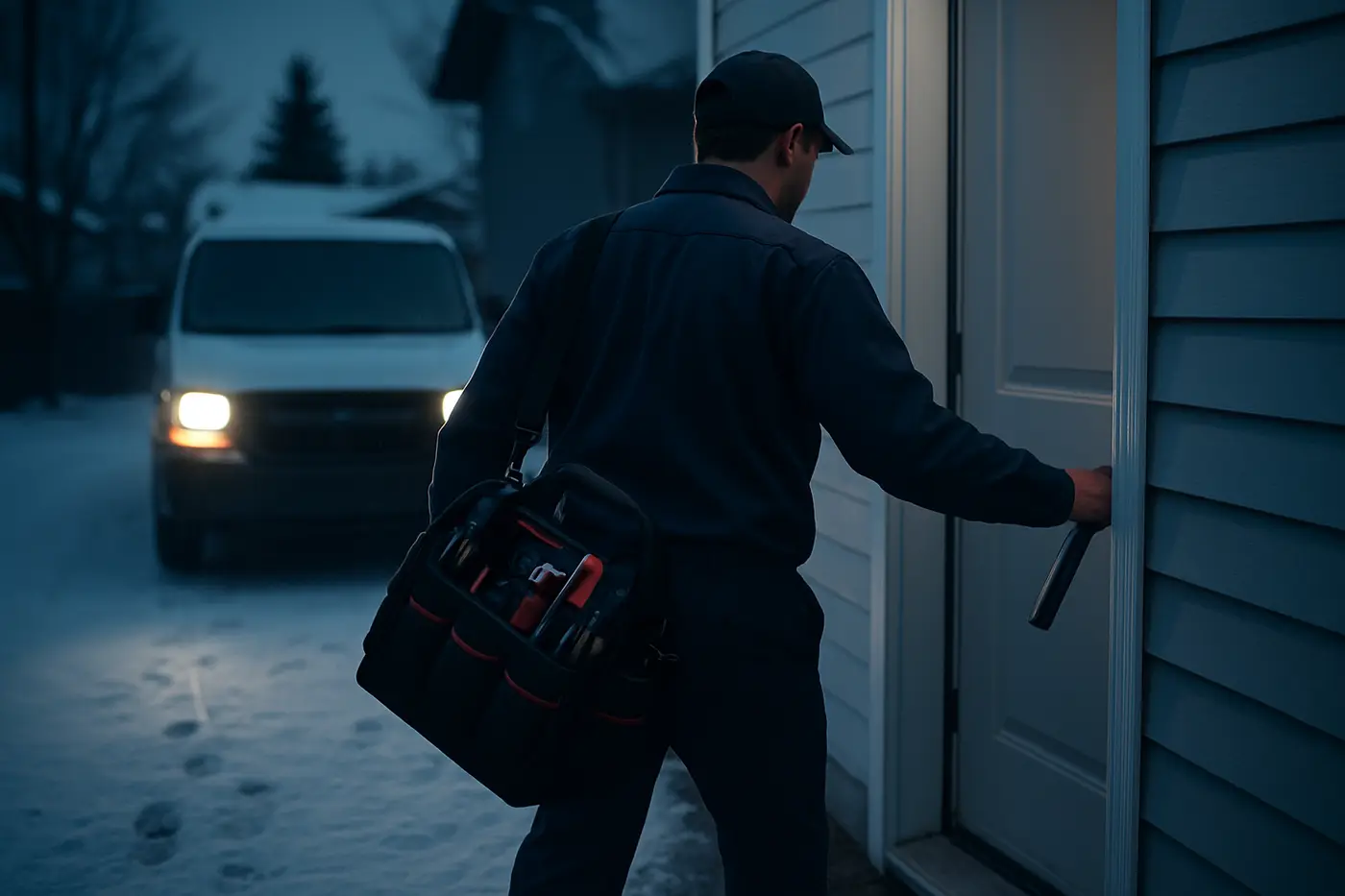 Plumber arriving at a Calgary home at night for an emergency call