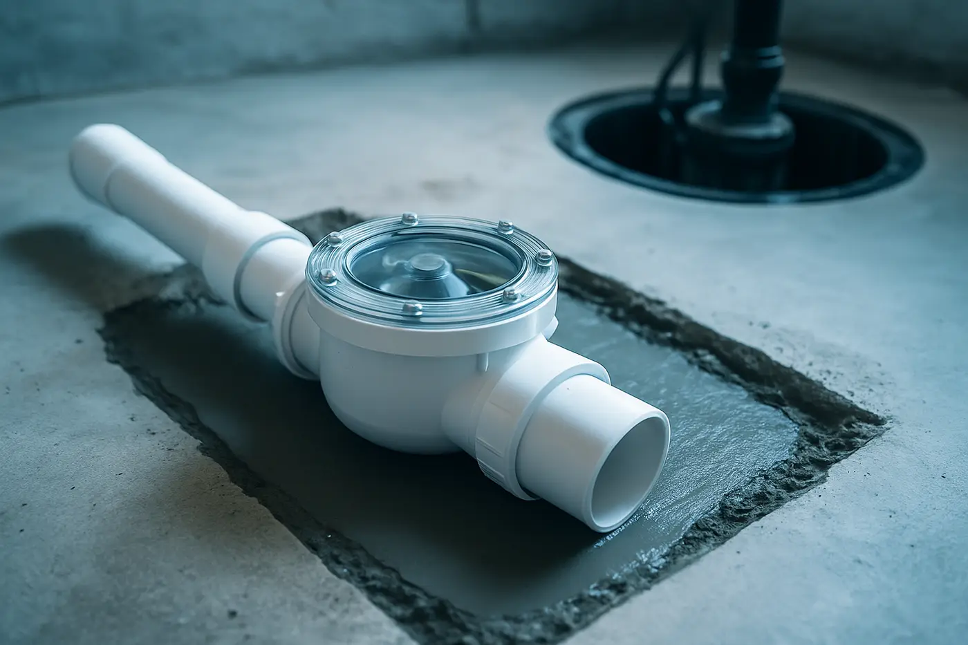 Newly installed backwater valve set in a basement floor