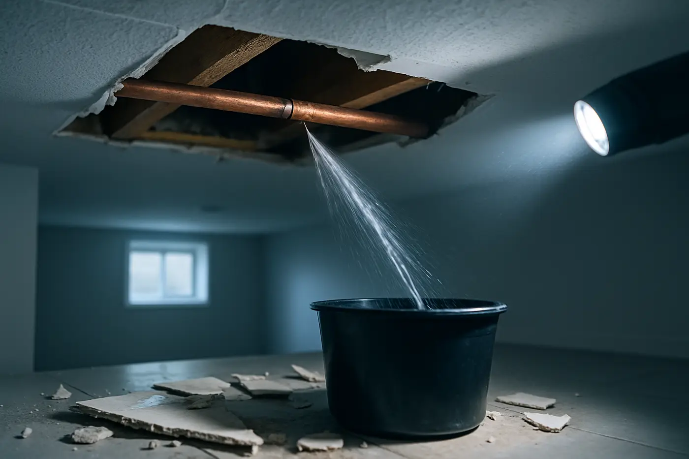 Split copper pipe spraying water inside an opened basement ceiling