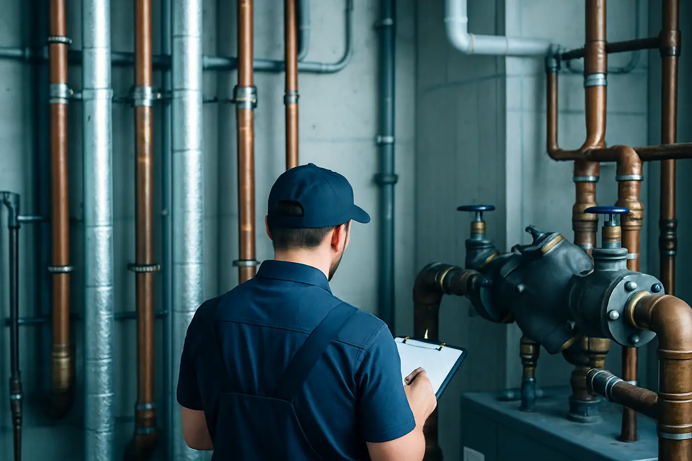 Plumber servicing pipes in a commercial building mechanical room downtown Plumber servicing pipes in a commercial building mechanical room downtown