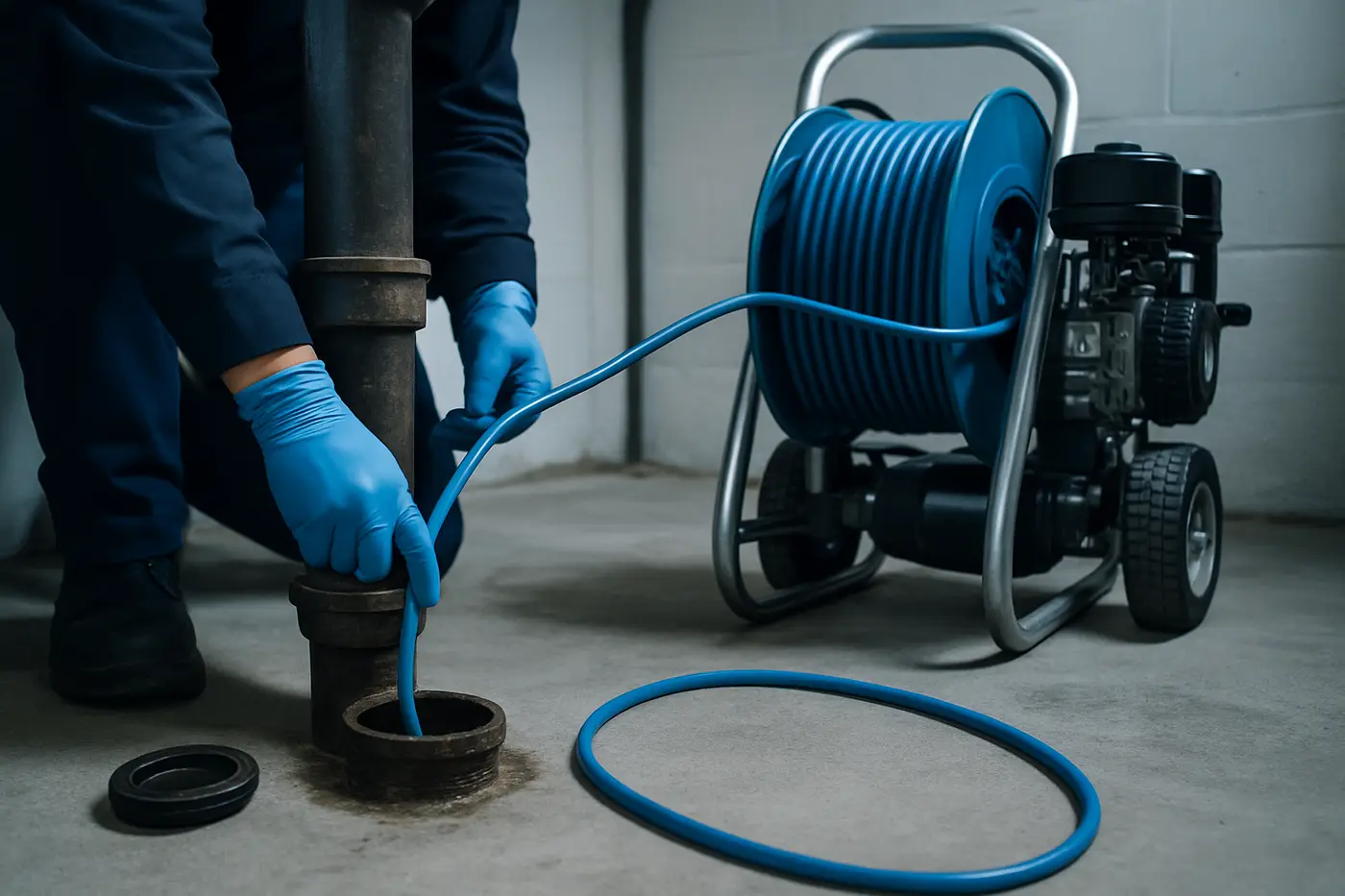 Hot water jetting hose feeding into a main sewer cleanout in a basement