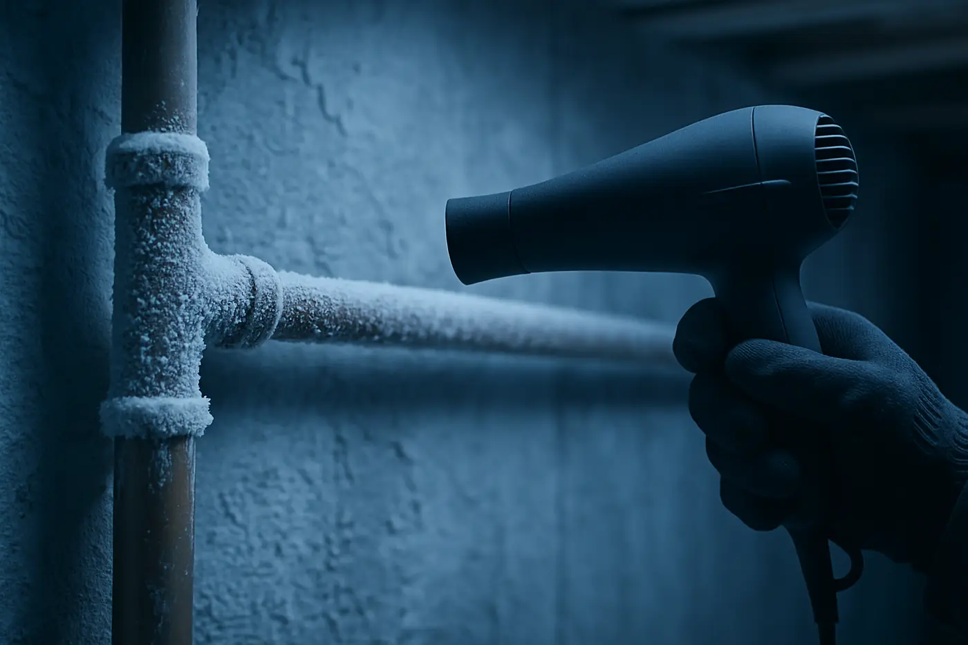 Frost-covered water pipe in a cold crawlspace being thawed safely with a hair dryer