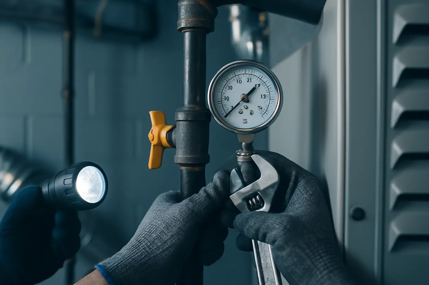 Gasfitter pressure testing a black iron gas line in a basement Gasfitter pressure testing a black iron gas line in a basement