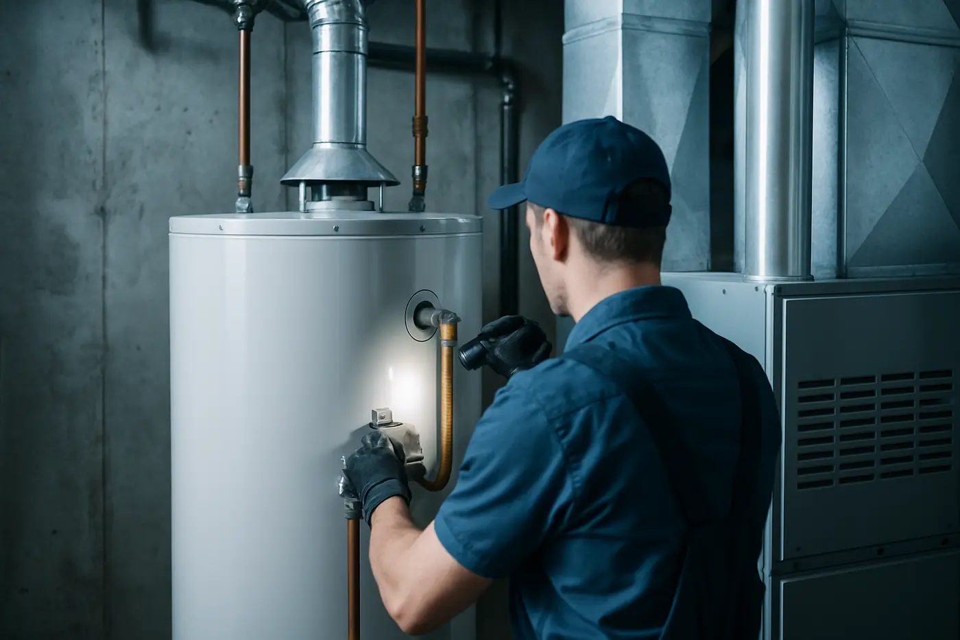 Gas hot water tank in a Calgary basement mechanical room being serviced