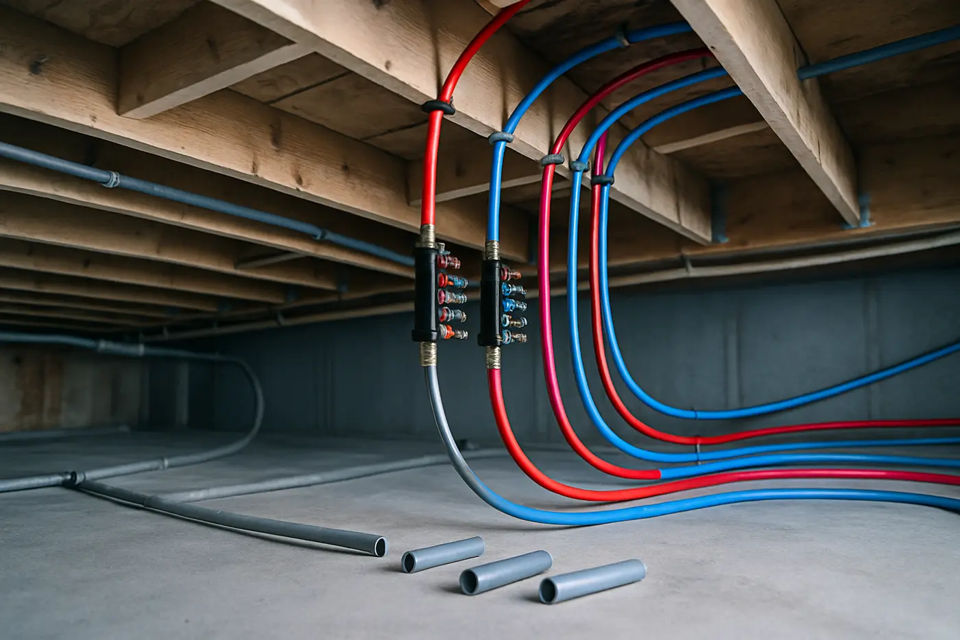Old grey Poly-B pipe being replaced with new PEX in an open basement ceiling Old grey Poly-B pipe being replaced with new PEX in an open basement ceiling