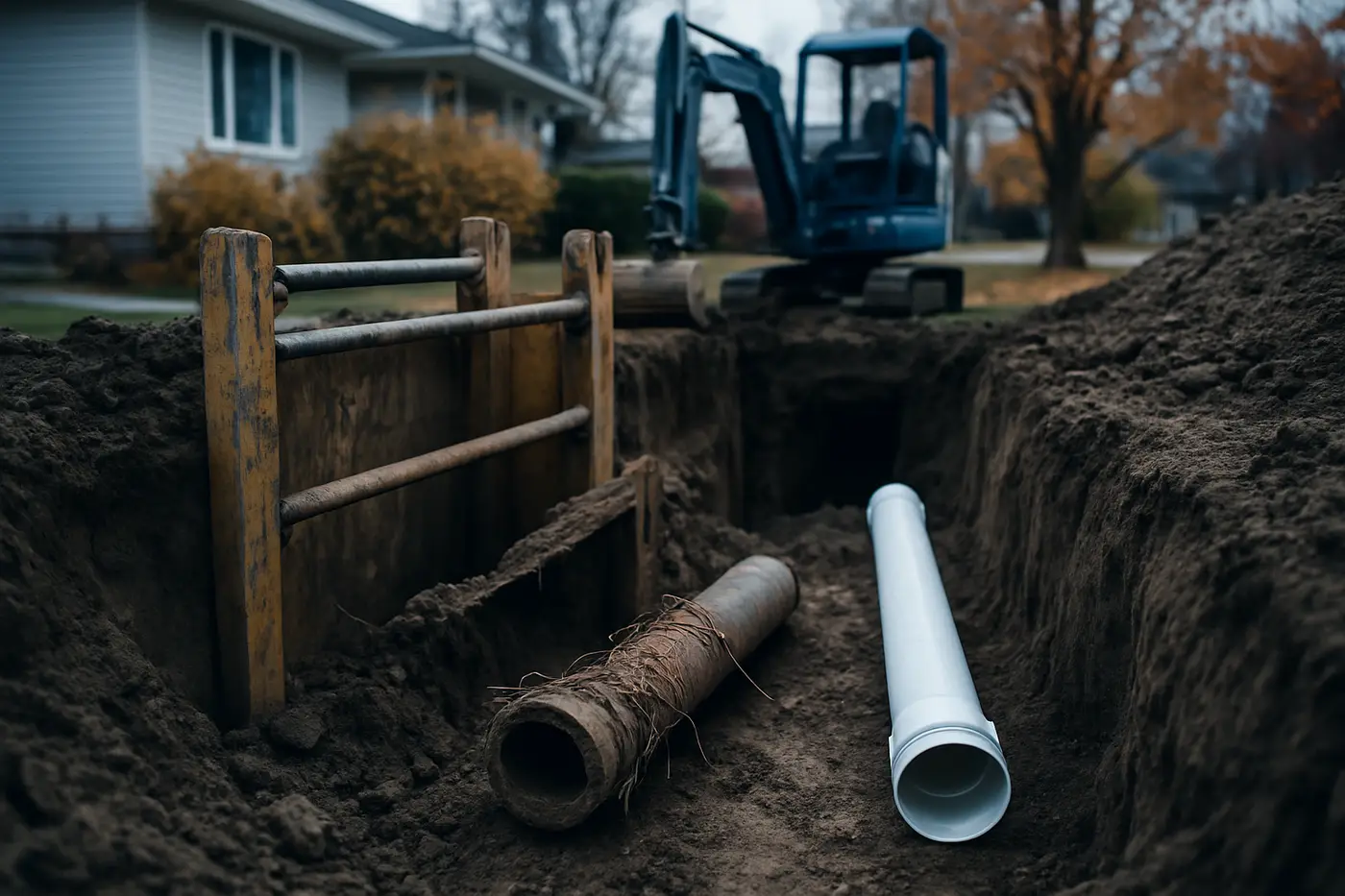 Excavated trench exposing a sewer pipe in a Calgary front yard Excavated trench exposing a sewer pipe in a Calgary front yard