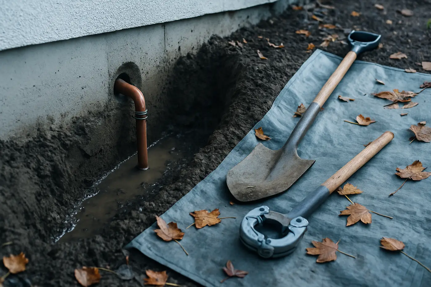 Water service line exposed in a trench beside a Calgary house foundation Water service line exposed in a trench beside a Calgary house foundation
